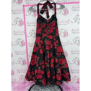 Hot Topic dress tutu Black Halter Midi Dress with Red Rose Print